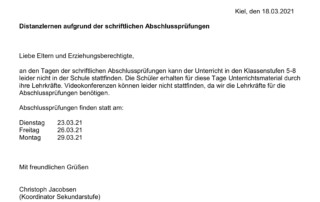 +++ Aktuelles zum Coronavirus (18.03.2021) +++ Distanzlernen aufgrund der schriftlichen Abschlussprüfungen